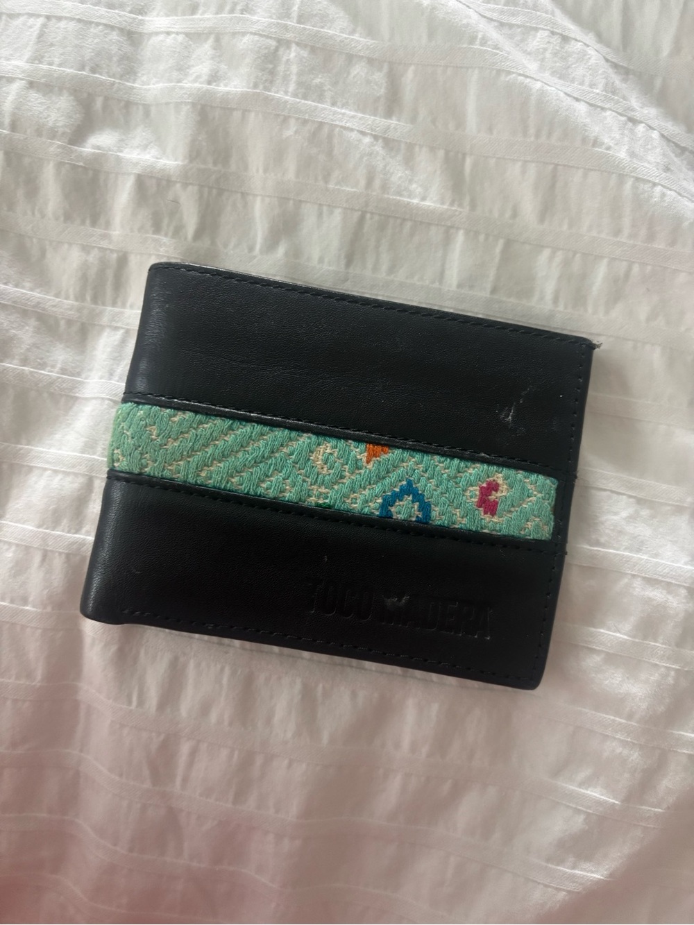 Black Wallet with Aqua Patterned Fabric Stripe